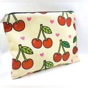 Cute Cream Red Cherries Pink Hearts Zippered Pouch Cosmetics Makeup Travel Bag